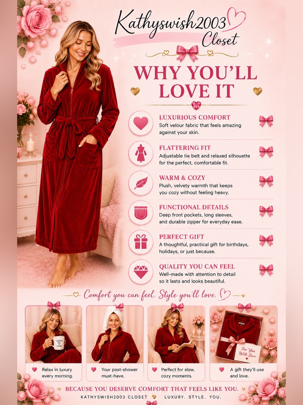 Nordstrom Rich Red Long Sleeve Velour Bathrobe - Picture 6 of 16